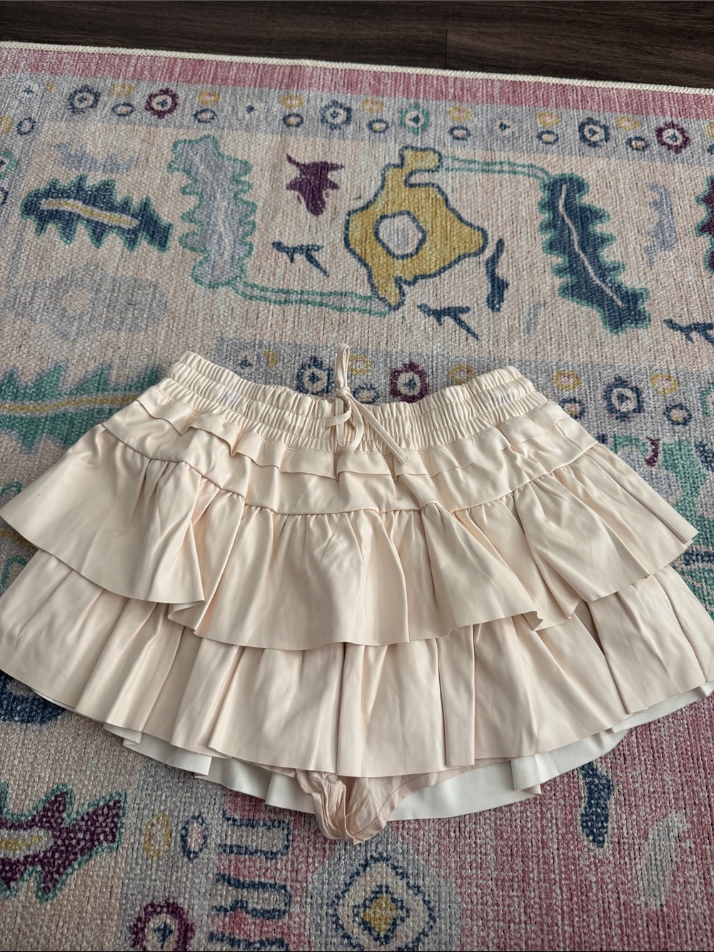 Women's Cream Tiered Ruffle Skater Skirt with Drawstring Waist